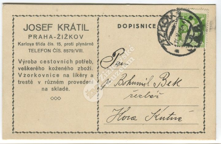 Korespondenční lístek firmy Josef Krátil