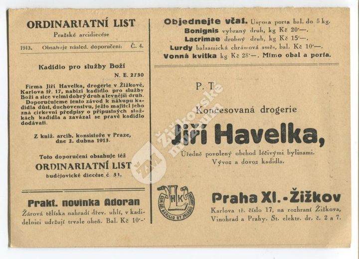 Reklamní korespondenční lístek firmy Jiří Havelka
